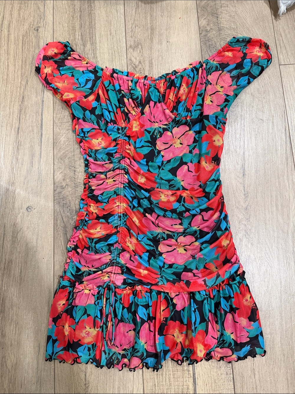 Sage the Label Bright Floral Off-Shoulder Ruched Mini Dress